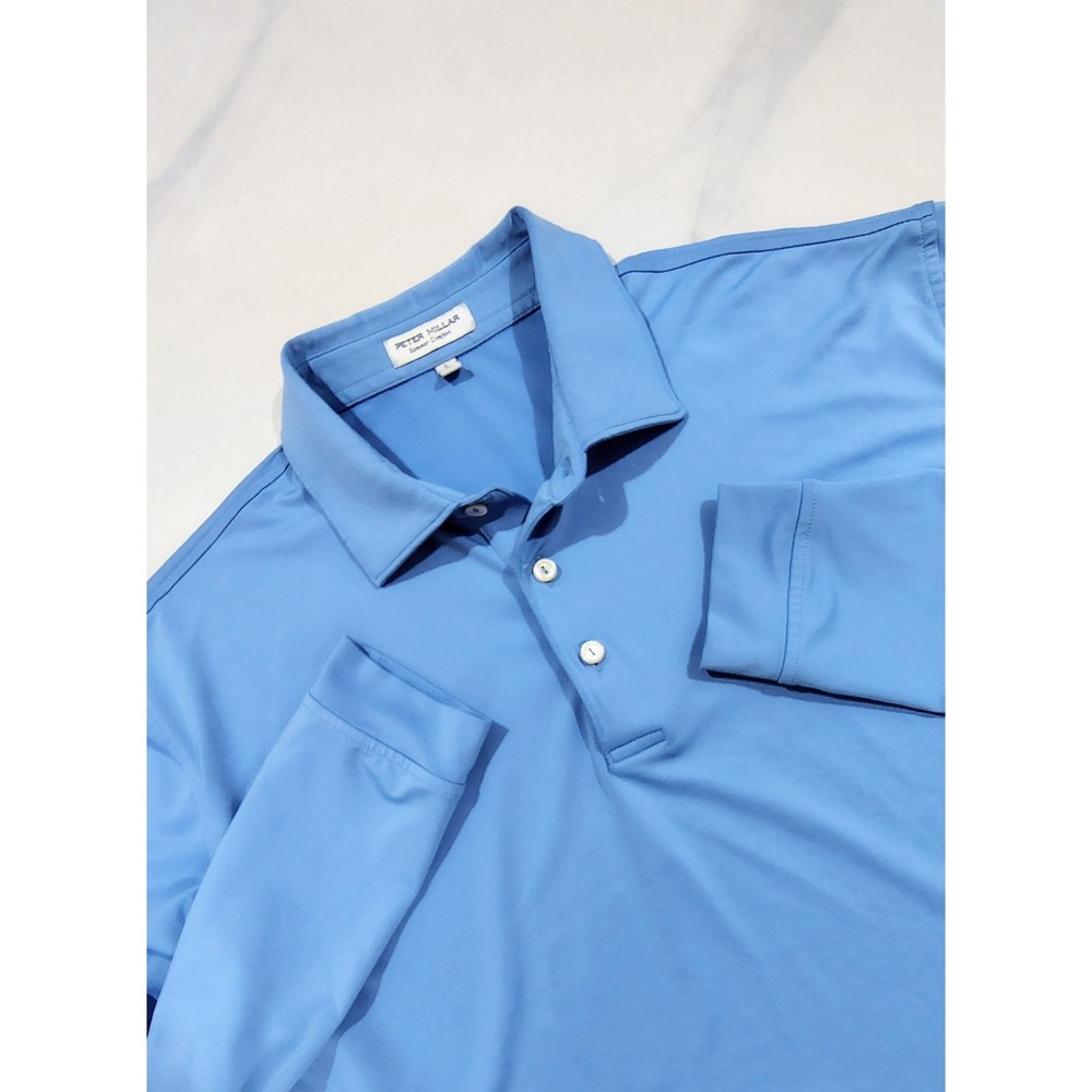 Peter Millar Summer Comfort Polo Shirt Mens Large Blue Long Sleeve Golf Stretch